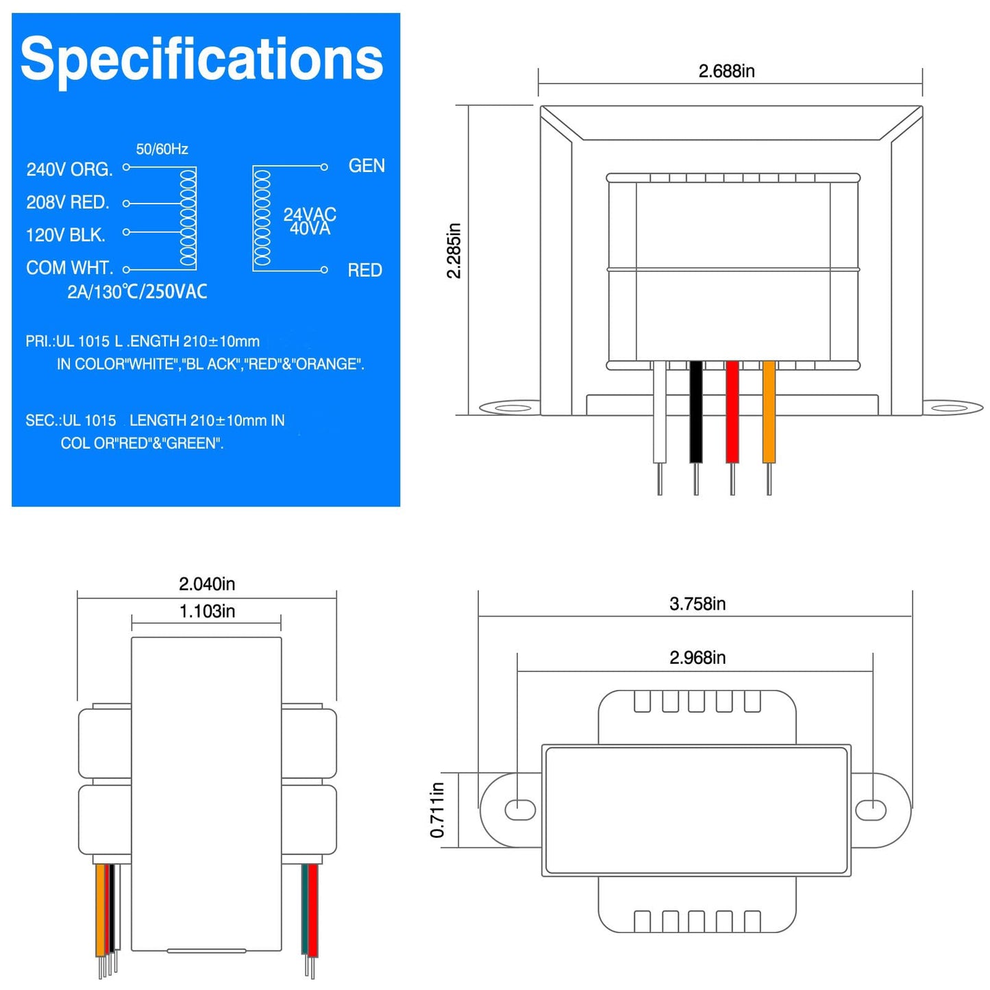 24V 40VA Control Transformer, Primary 120/208/240V, Secondary 24V Isolation Transformer with Foot Mount for HVAC Furnace Multi Tap