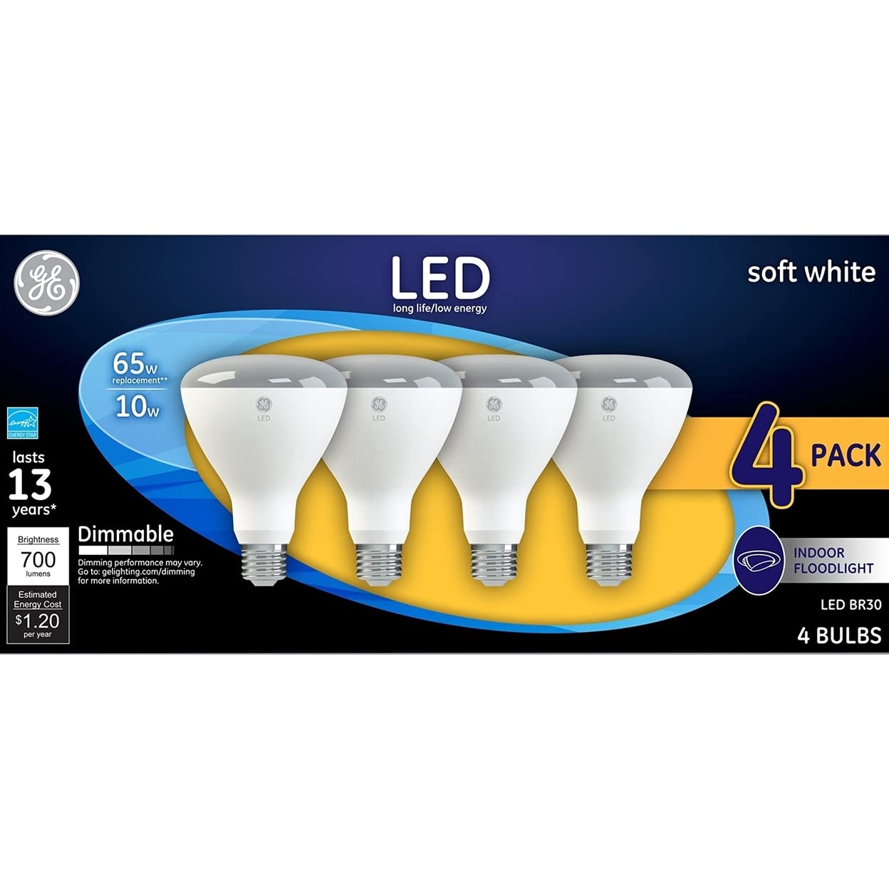 GE Soft White 65W Replacement LED Light Bulb Indoor Floodlight BR30 (4-Pack)