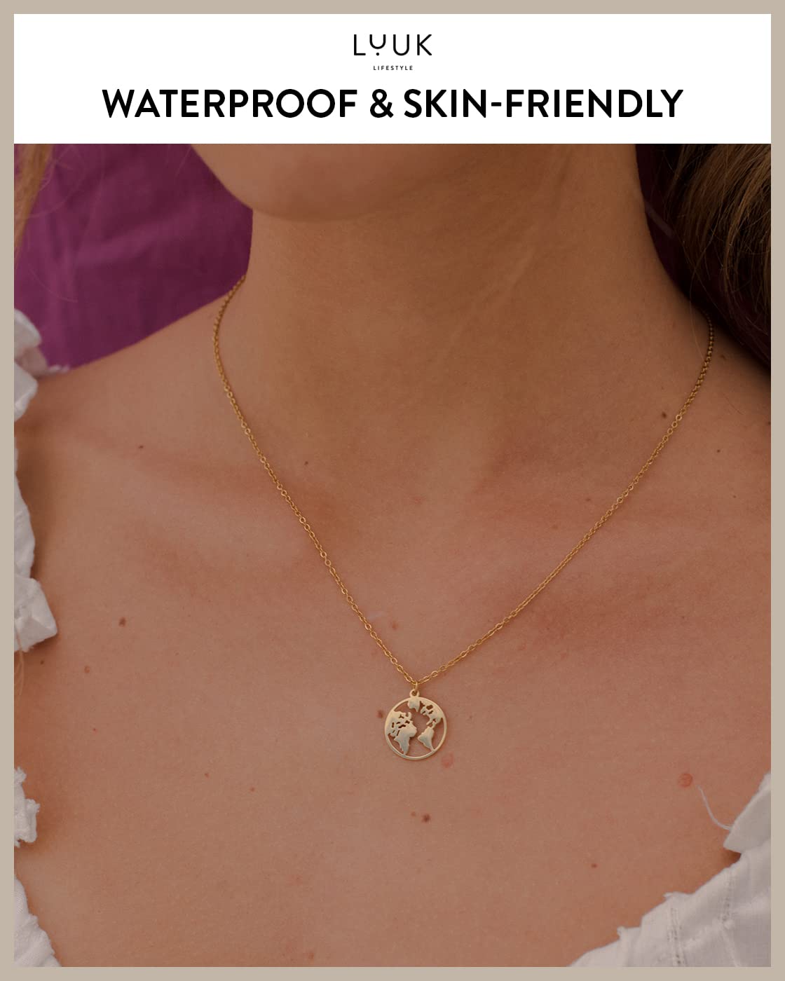 LUUK LIFESTYLE Necklace for women in stainless steel with globe pendant and HAPPINESS card, fashion jewelry for women, lucky charm, fashion accessory, 19” length, feminine jewelry, gift idea, gold