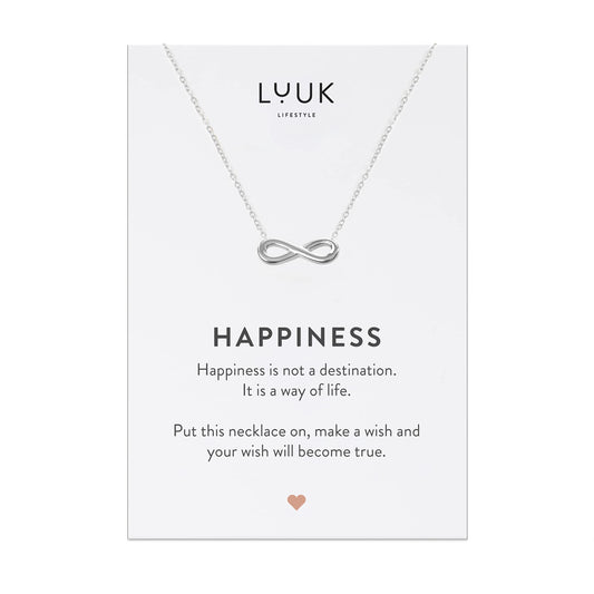 LUUK LIFESTYLE Stainless steel necklace with Infinity motif pendant and HAPPINESS gift card, gift idea for Valentine's Day, birthday, symbol of love, women fashion accessory, 19” chain length, silver