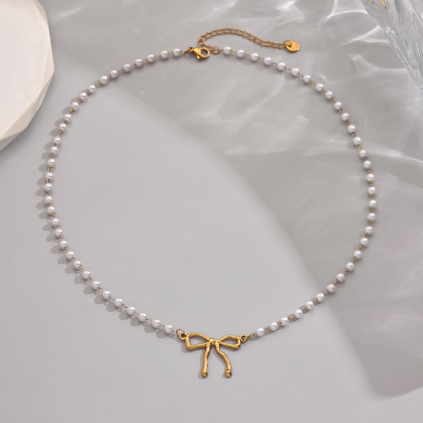 Jewigo Pearl Bow Necklaces for Women 18K Gold Plated Pearl Necklace Dainty Pearls Pendant Necklace Simple Small Pearls Bridesmaid Wedding Jewelry Gift