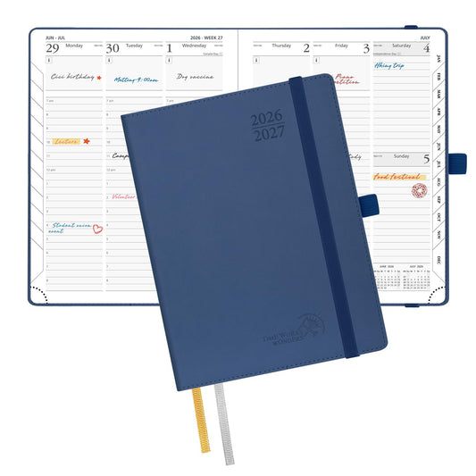 POPRUN Planner 2026-2027, 6.5" x 8.5", Academic Planner 2026-2027 Weekly and Monthly (July 26-June 27) Hourly Appointment Book with Inner Pockets, Leather Soft Cover, 100GSM - Navy Blue