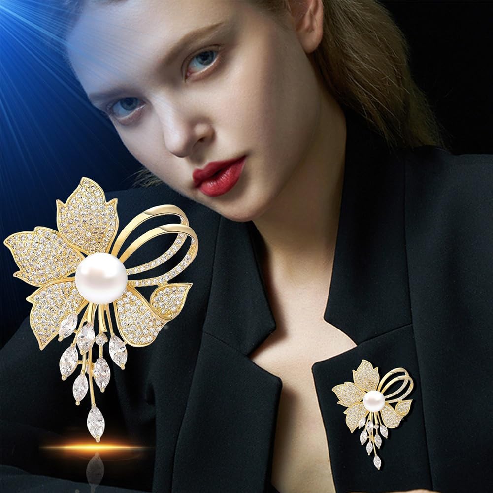 JKQBUX Chic Pearl Crystal Brooch Pins for Women Girls Fashion Shawl Pin Corsage Brooch Party Ceremony Accessories Dance Banquet Pins