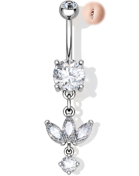 Melighting Minimalist Lotus Belly Button Ring 14G 10mm Navel Ring with Three Marquise CZ Petals and Dangling Round Zircon, 316L Stainless Steel Belly Piercing Jewelry in Silver