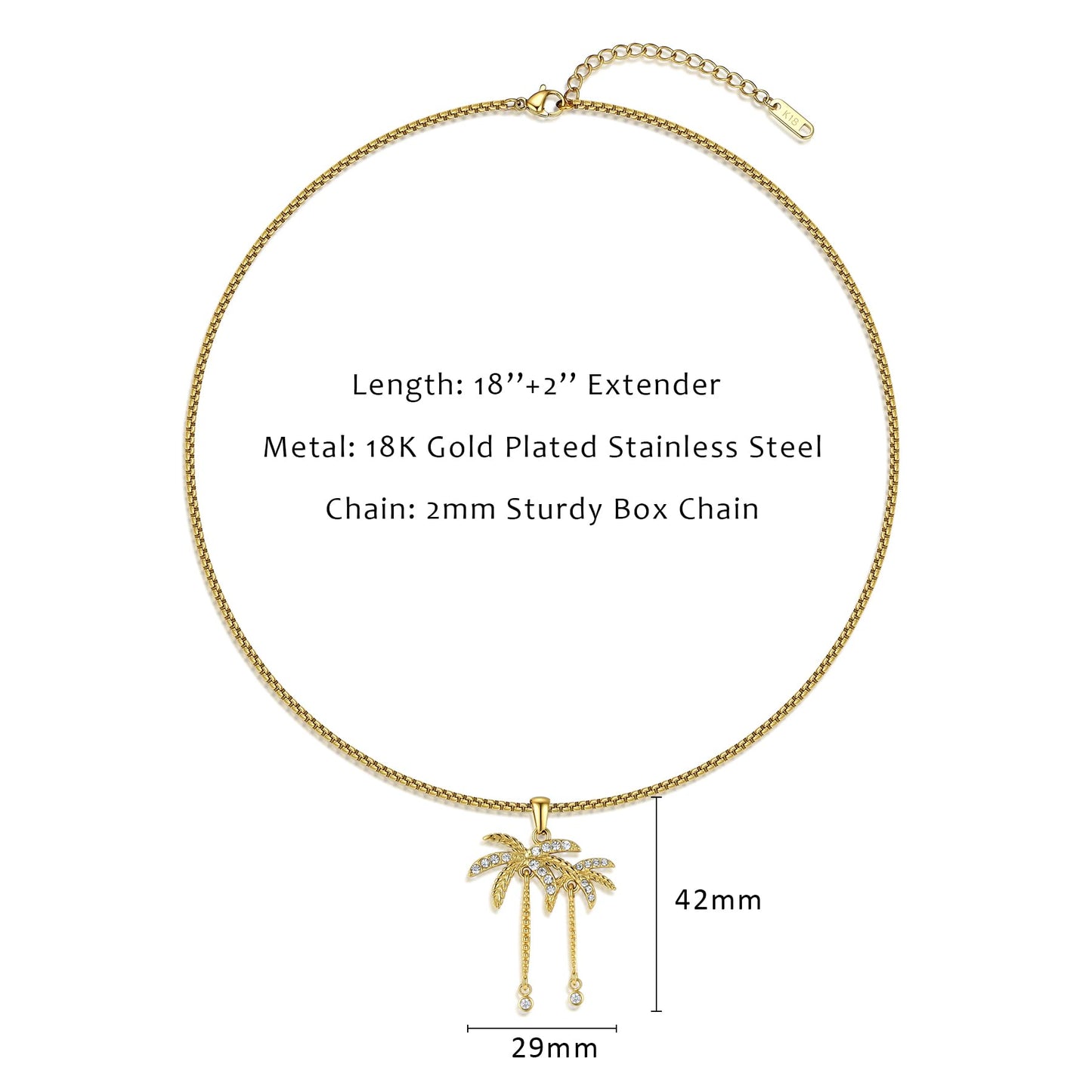 NUZON Summer Vacation Palm Tree Necklace for Women, 14K Real Gold Plated Stainless Steel CZ Coconut Tree Pendant Necklace, Dainty Tropical Beach Jewelry, Everyday Layered Chain Necklace Gift Adjustable 18"