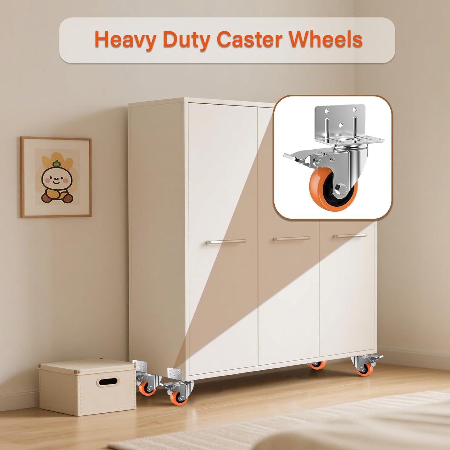ASHGOOB 2inch L-Shaped Caster Wheels, Side Mount Casters Set of 16, Heavy Duty Casters with Brake, Double Bearing Locking Polyurethane(PU) Wheels for Baby Beds/Cabinets/Furniture（16 Pack