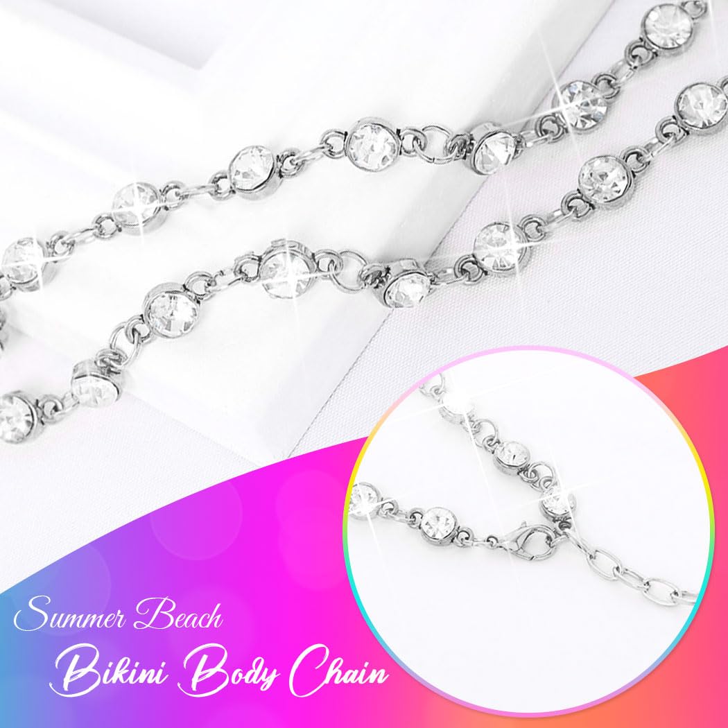 Nicute Rhinestone Belly Chain Silver Waist Chain Sparkly Body Jewelry for Women (Silver)