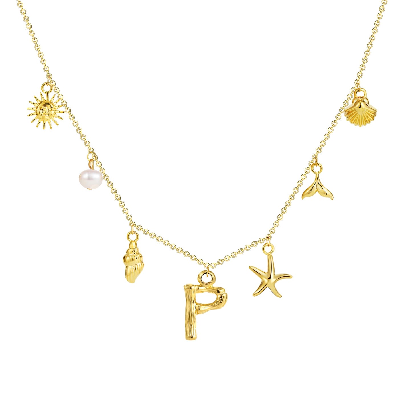 SLOONG Initial Charm Necklace 14K Gold Plated Letter Neckalce Freshwater Pearl Necklace Choker Boho Summer Seashell Beach Starfish Surfer Jewelry Gifts for Women P
