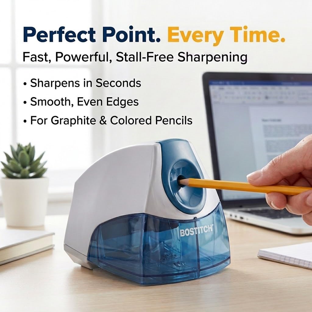 Bostitch Office Electric Pencil Sharpener, Heavy Duty Powerful Stall-Free Motor, High Capacity Shavings Tray, for Office or Classroom, Blue
