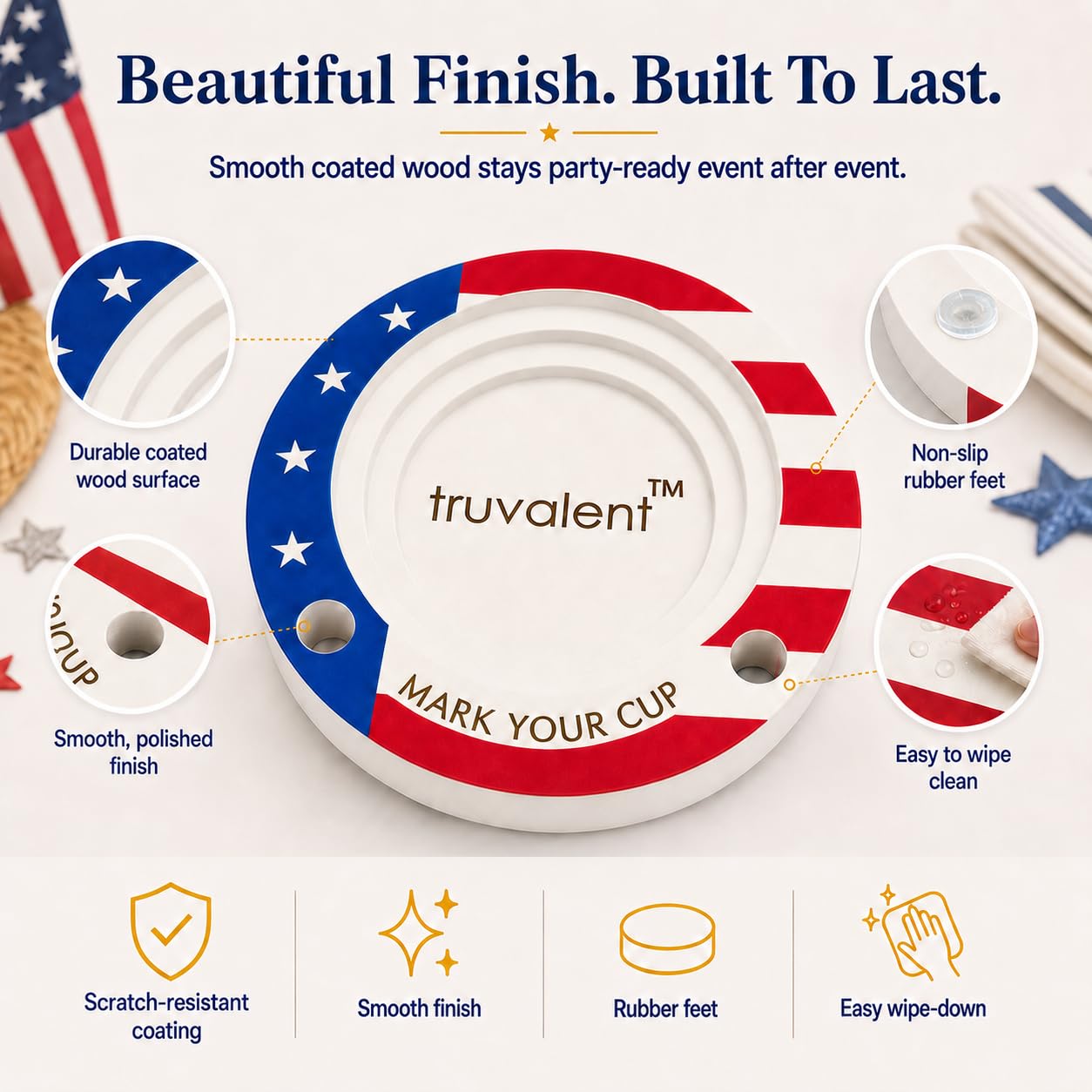 Party Cup Holder for 3-4" Cups - Hosting Essential to Prevent Mix-Ups & Reduce Waste - Sturdy Drink Organizer with Rubber Feet for Family Events - Cups & Markers Not Included (Patriotic Flag)