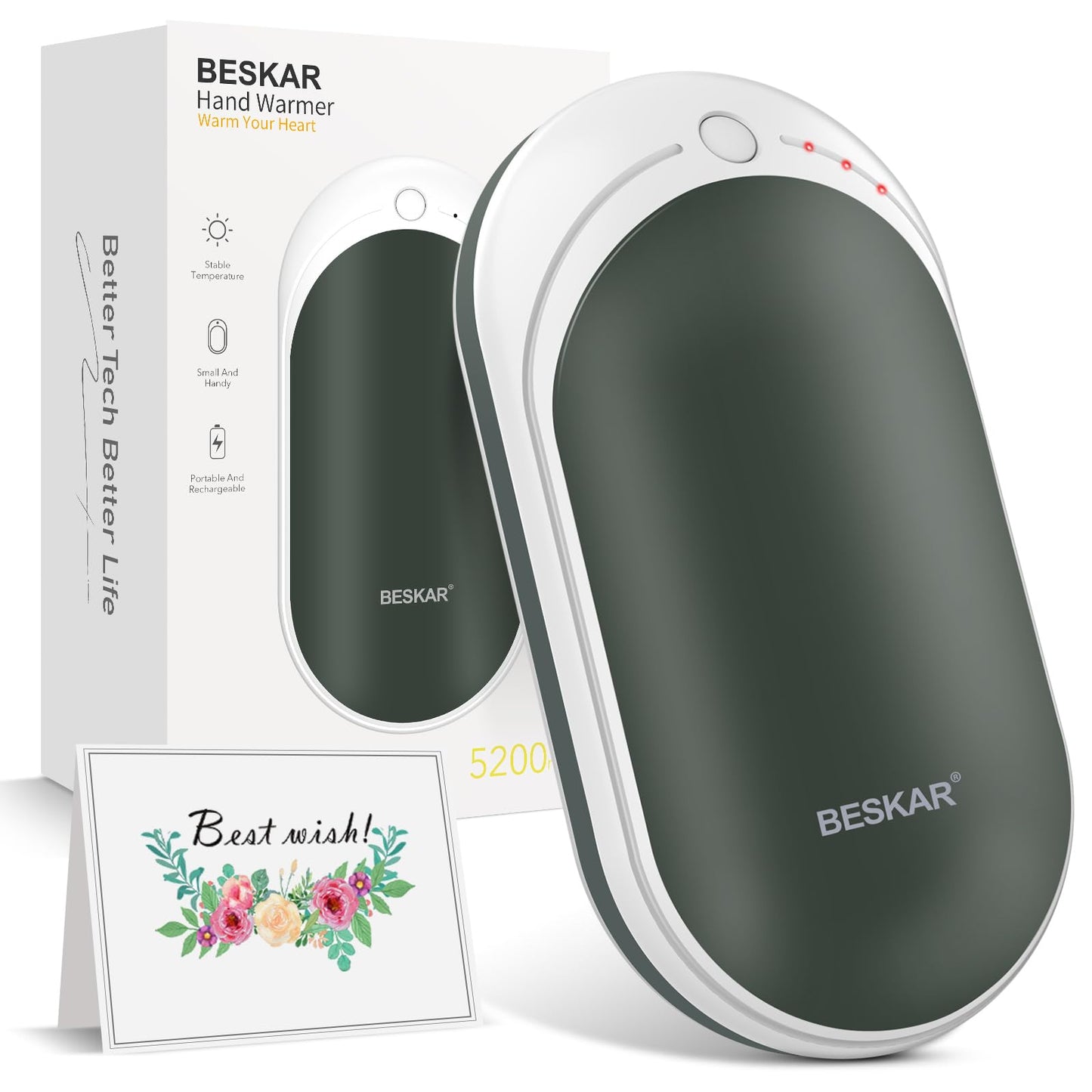 BESKAR Rechargeable Hand Warmer, 5200mAh Electric Hand Heater