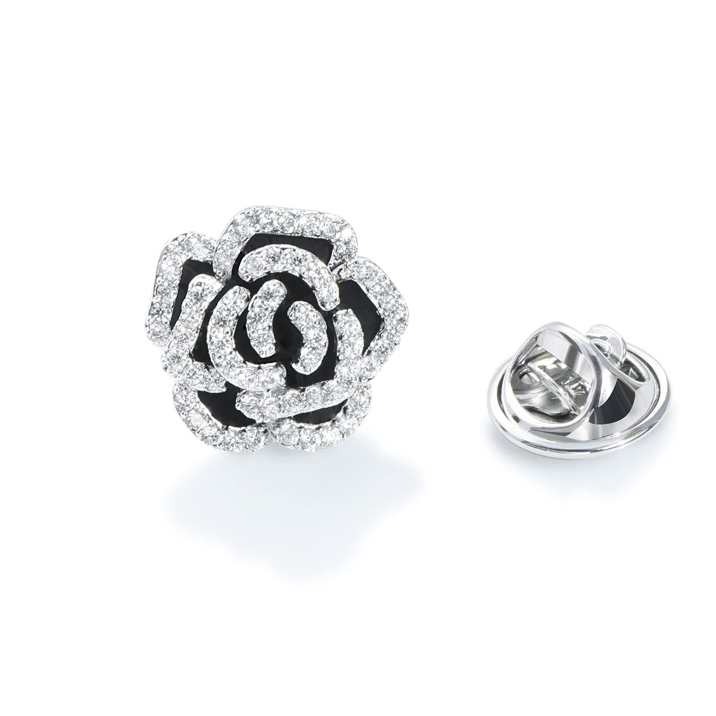 Elegant Crystal Blooming Rose Flower Brooch Lapel Pin Breastpin for Women Birdal Cardigan Hat Scarf Suit Sweater Floral Pins (Silver Rose Pin)