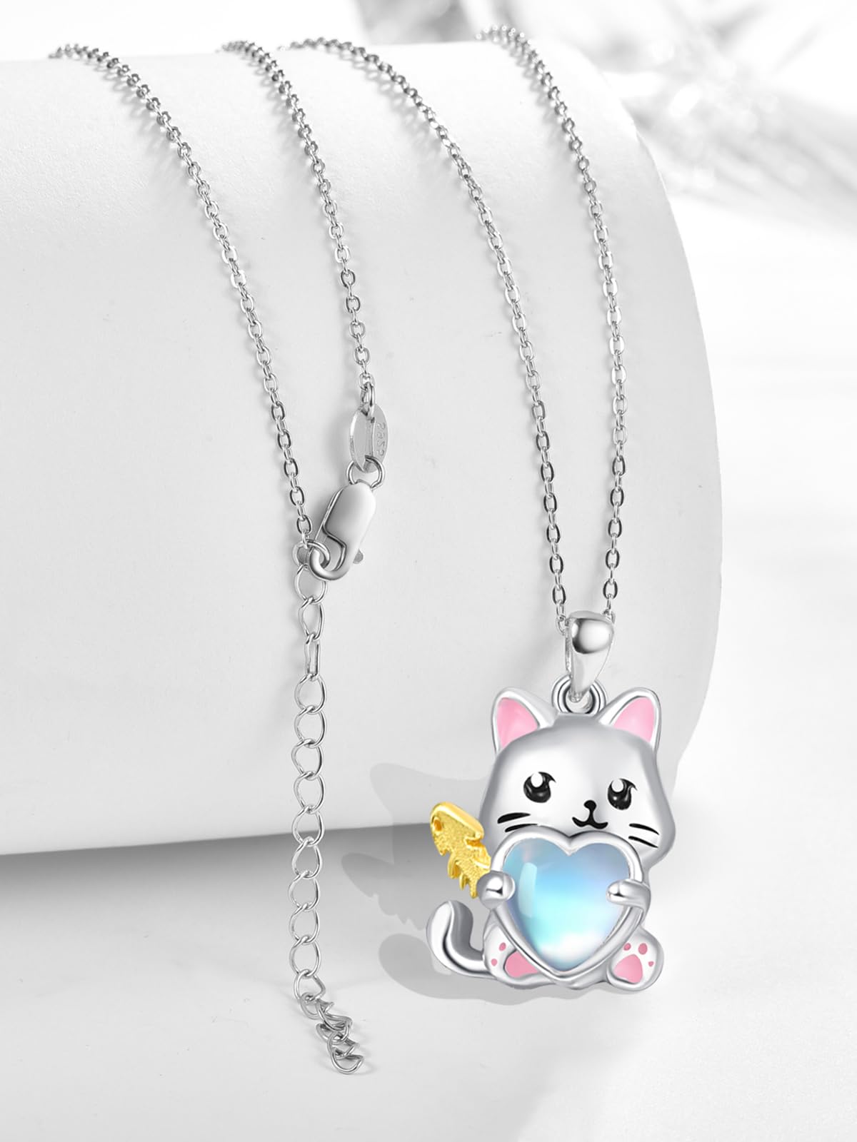 Dreamboat Cat Pendant Necklace for Women 925 Sterling Silver Moonstone Kitten Animal Jewelry Gifts for Cats Lovers