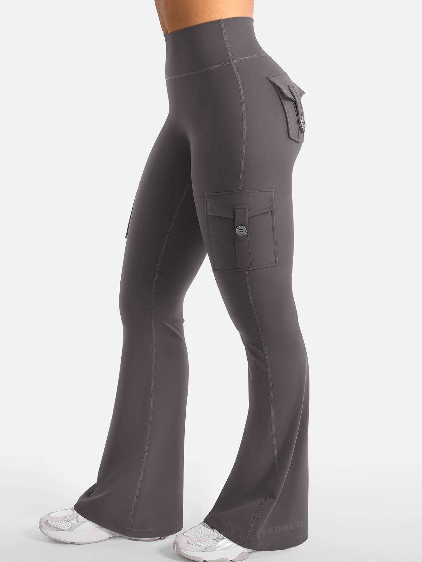 YEOREO CoreFlex Women Workout Flare Leggings with Pockets Hidden Scrunch Cargo Gym Yoga No Front Seam Leggings Dark Grey XL