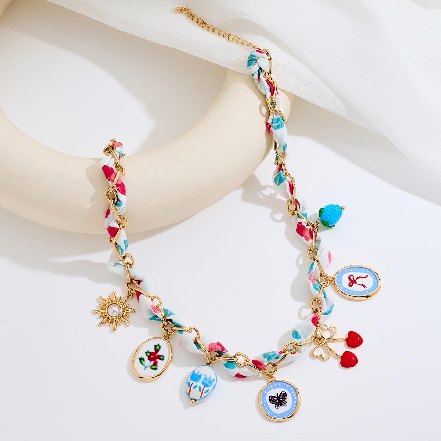 LILIE&WHITE Bandana Necklace for Women with Colorful Charms Necklaces Sun Bow Cherry Chic Beach Necklaces Cute beach Jewelry Gift