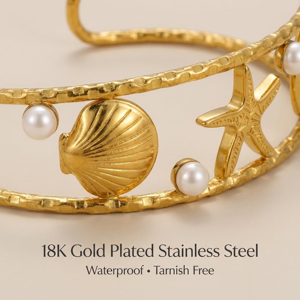 MystiGlimmer Starfish Open Cuff Bracelet for Women 18K Gold Plated Stainless Steel, Adjustable Ocean-Inspired Arm Cuff, Waterproof, Hypoallergenic Beach Jewelry Gift