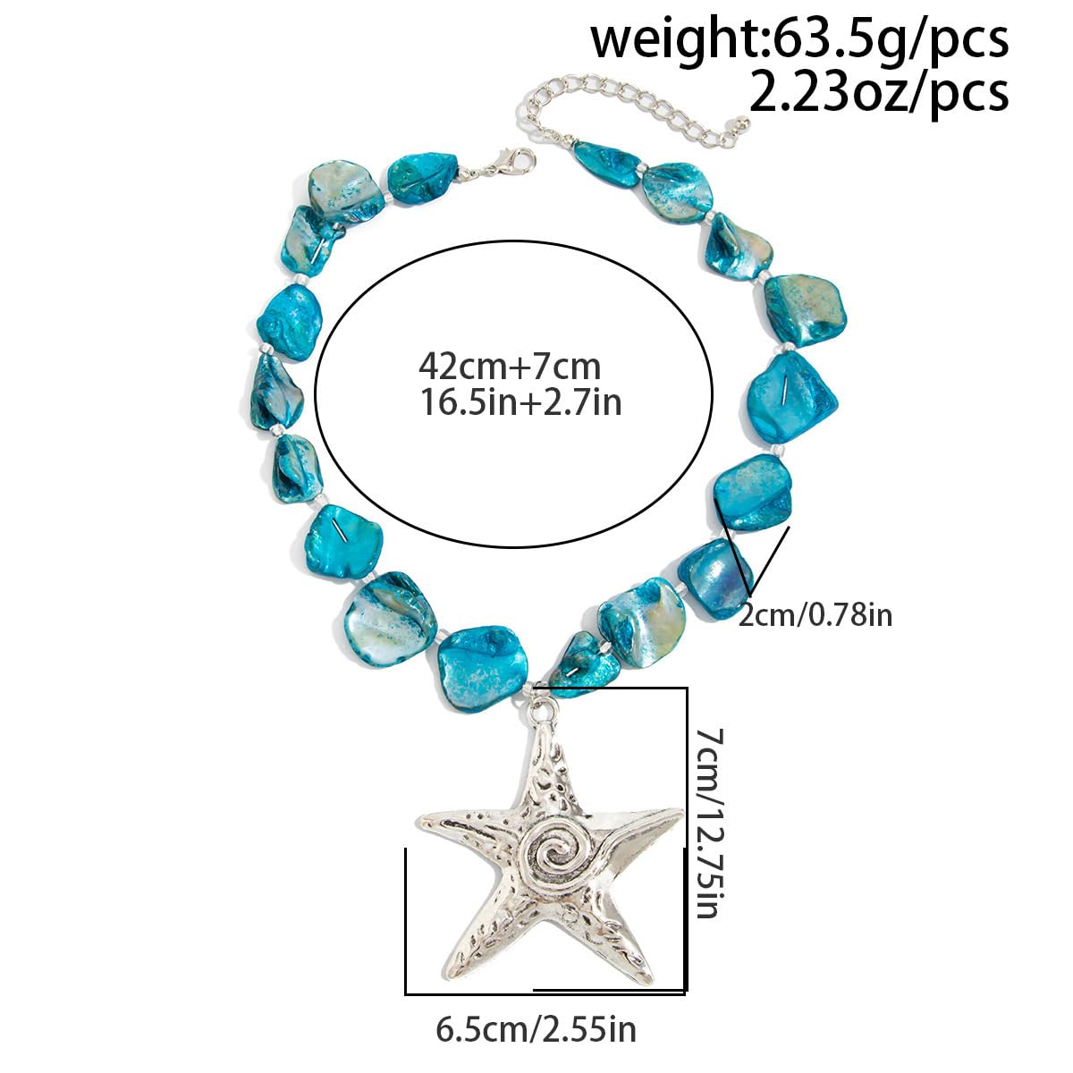 LNNVKRV Chunky Silver Big Starfish Pendant Necklace for Women Fashion Adjustable Colorful Irregular Shell Beaded Choker Necklaces Boho Summer Beach Jewelry for Women (blue)