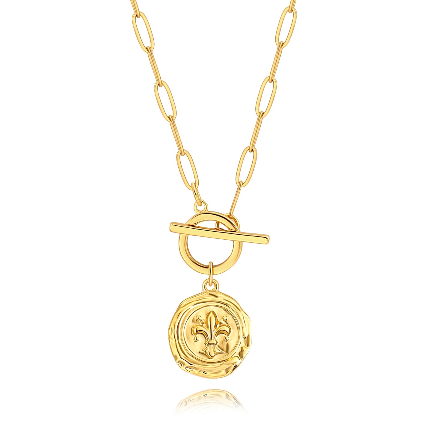 PEARLADA Dainty Birth Flower Coin Necklace, 18k Gold Plated Paperclip Necklace, Vintage Iris Spring Jewelry