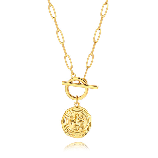 PEARLADA Dainty Birth Flower Coin Necklace, 18k Gold Plated Paperclip Necklace, Vintage Iris Spring Jewelry