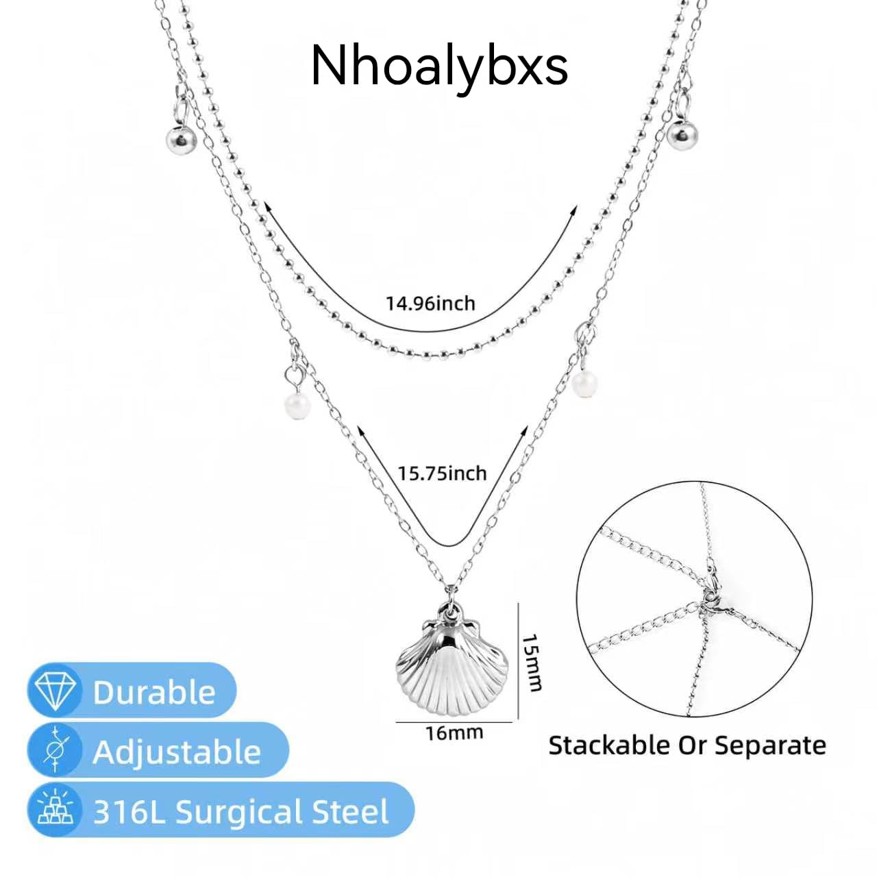 Starfish Shell Necklace for Women,14k Gold Plated Silver Layered SeaShell Pearl Pendant Charm Necklaces Dainty Non Tarnish Adjustable Waterproof Beaded Necklace Stack Jewelry for Summer Beach Vacation (Silver Shell Necklace)