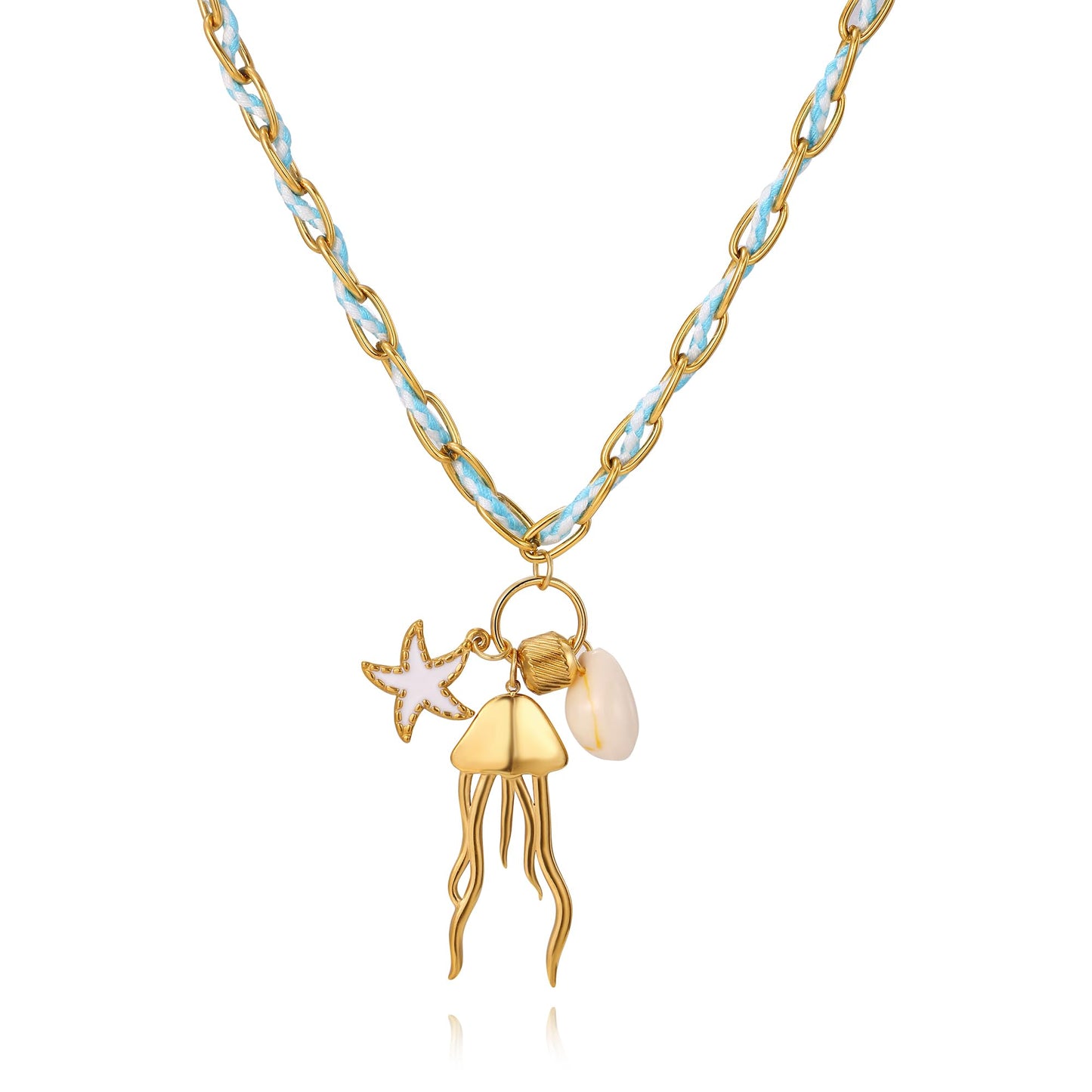 WASAIE Jellyfish Starfish Shell Blue Charm Braided Choker Necklace for Women, Adjustable Gold Plated Stainless Steel Paperclip Chain, Beach Surf Vacation Summer Travel Jewelry