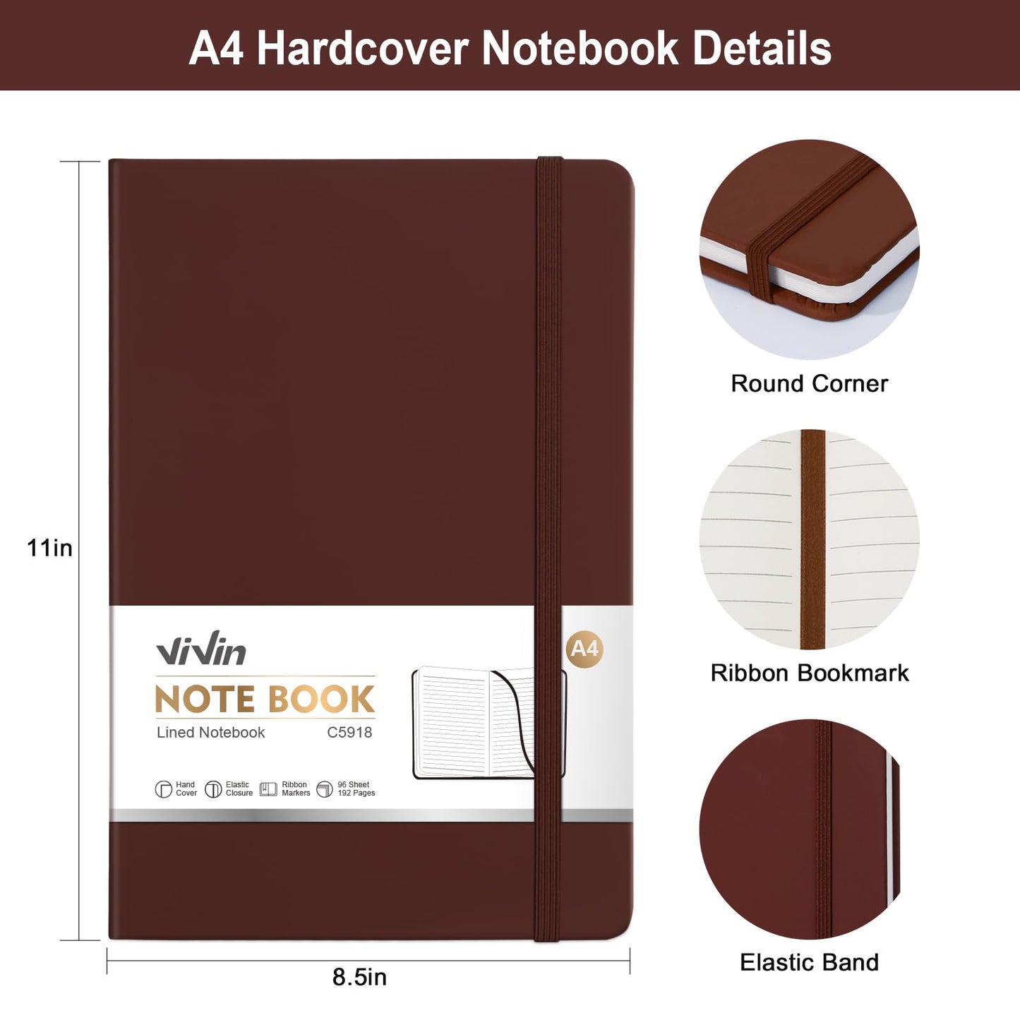 ViVin A4 College Ruled Notebook for Work, 8.5" x 11" Leather Hardcover Journal,192 Pages Professional Lined Notebook for Office & Business