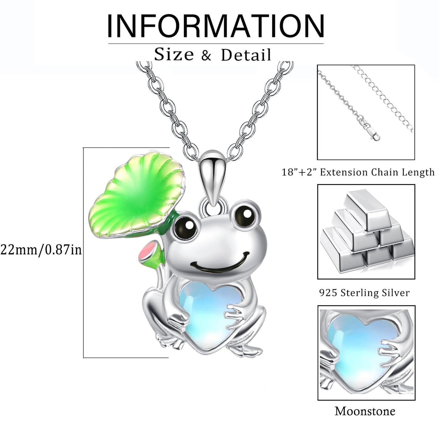 Dreamboat Frog Pendant Necklace for Women 925 Sterling Silver Moonstone Animal Jewelry Gifts for Frogs Lovers