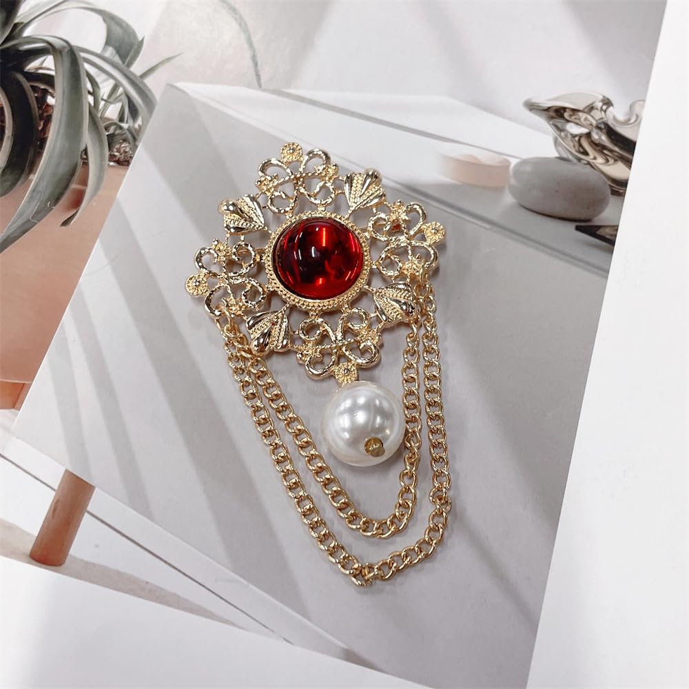 Vintage Round Simulated Pearl Filigree Flower Chain Tassel Brooches Lapel Pins for Women Girls Party Dance Banquet Dainty Boho Dangle Drop Pin Dress Suit Clothes Accessories Jewelry (Red)
