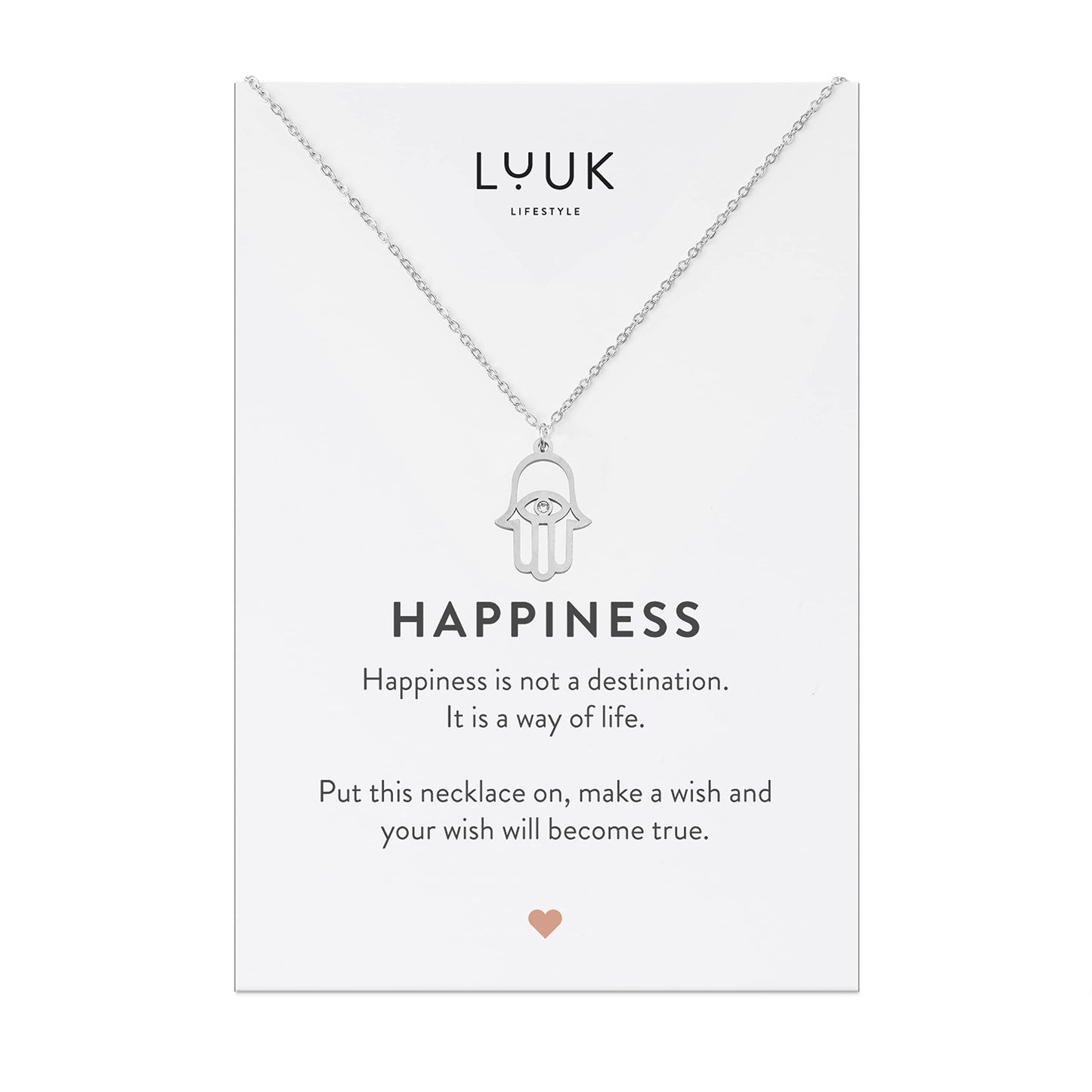 LUUK LIFESTYLE Stainless steel necklace for women with Fatima|Buddha hand pendant and HAPPINESS gift card, zen hamsa jewelry for protection against bad luck, hippie chic boho style aspect, silver