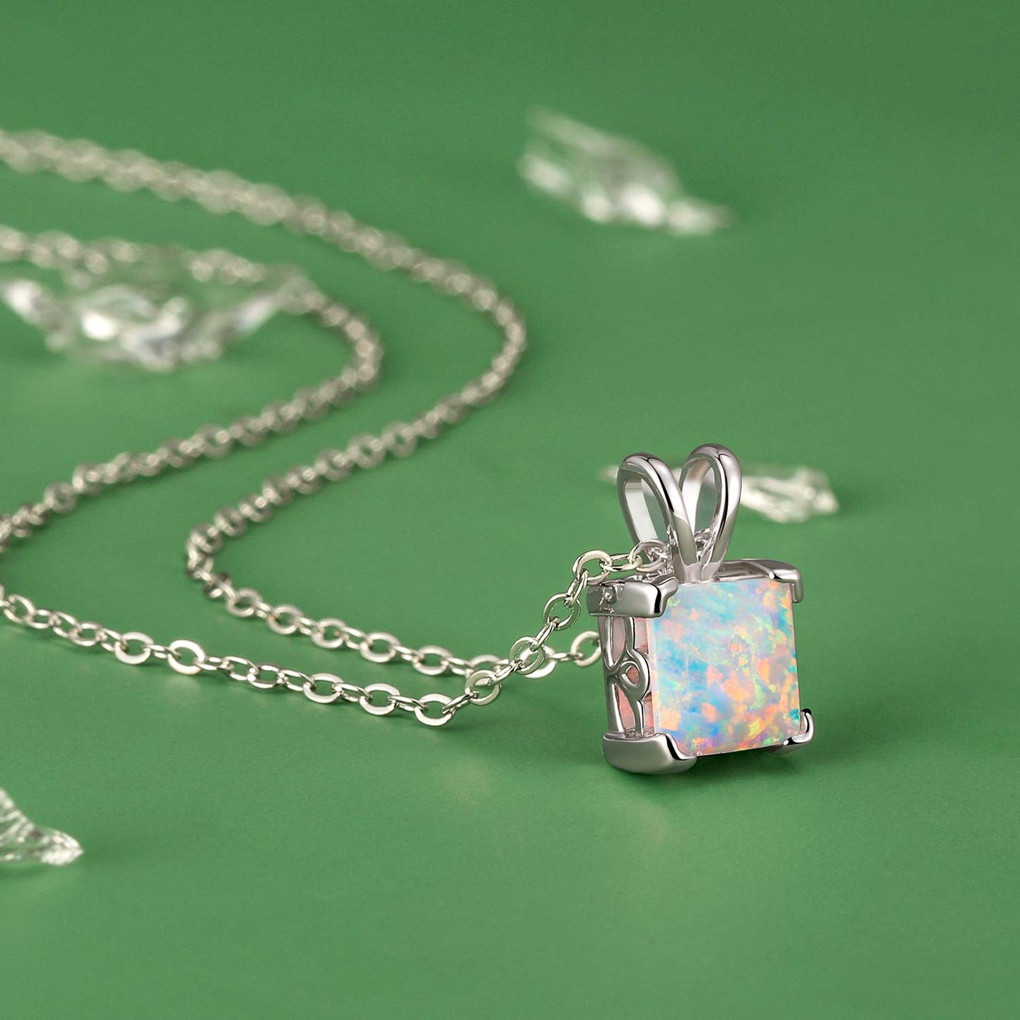 VOLUKA 18K White Gold Plated Pendant Necklace 8mm Princess Square White Fire Opal Necklace for Women