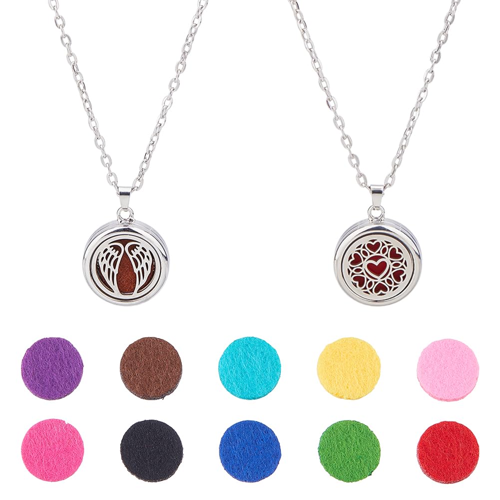 Hobbspring Necklace 2 Sets Aromatherapy Essential Oil Diffuser Necklace 2 Styles Diffuser Stainless Steel Oil Pendant with Felt Pads Wing and Heart Aromatherapy Locket Necklaces Gift for Woman Men