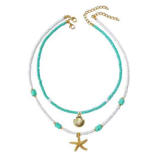 NMZH Shell Starfish Pendant Layered Necklace Set，2 Pcs Boho Y2k Blue White Beaded Gold Seashell Star Charm Choker Summer Beach Ocean Dainty Adjustable Trendy for Women Jewelry Gifts (Blue)