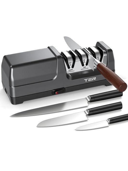 Electric Knife Sharpener, 3-Stage Diamond Knife Sharpener for Kitchen Knives 20-Degree Angle, 40S Quick Sharpening & Polishing for Chef, Santoku, Ceramic Knives, Easy to Use for Beginners, Black