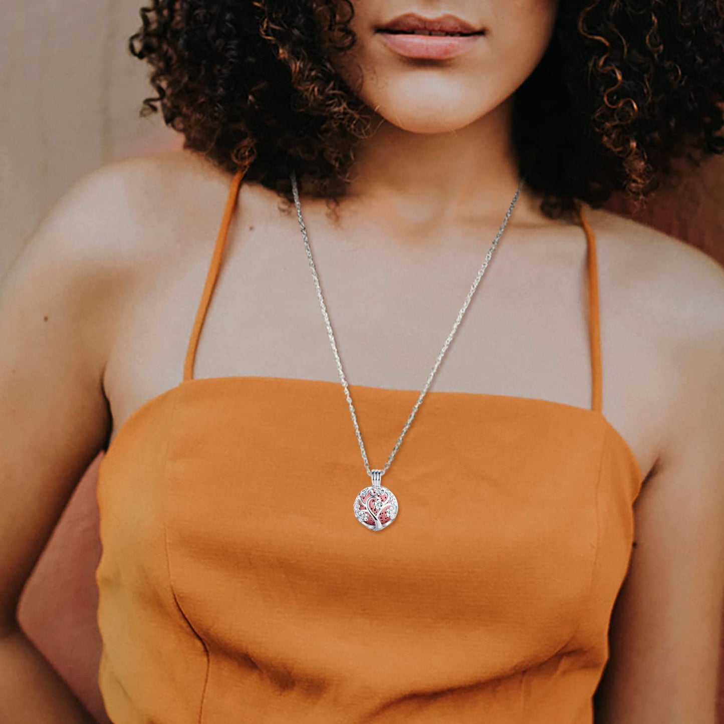 INFUSEU Sakura Tree Aromatherapy Necklace, Essential Oils Diffuser Locket Pendant with 7 PCS Lava Rock Stones and 24" Link Chain