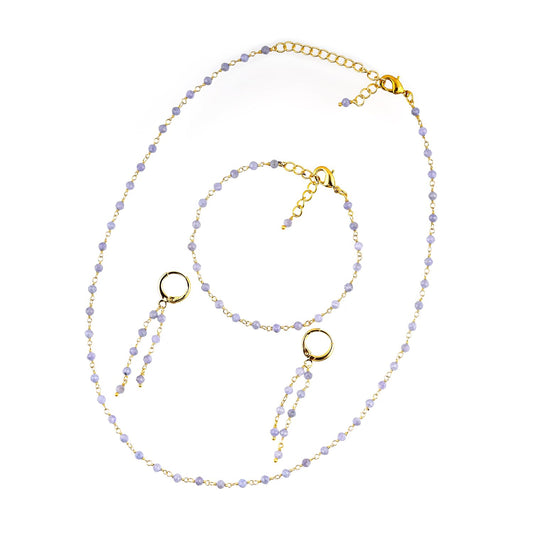 CRYSTALINES (3pcs) Genuine Blue Tanzanite Gemstone Cluster Combo Set, 14K Gold Plated Jewelry, Blue Crystals Rosary Chain, Handmade Bohemian Jewelry - Bracelets, Necklace, Earrings for Women