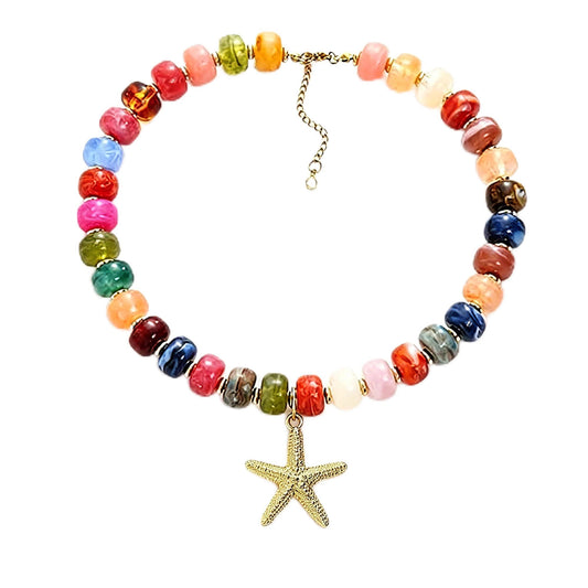 ZXYMHL Chunky Beaded Starfish Shell Necklace Colorful Boho Beach Chain Choker for Women Summer Trendy Vacation Jewelry Gift