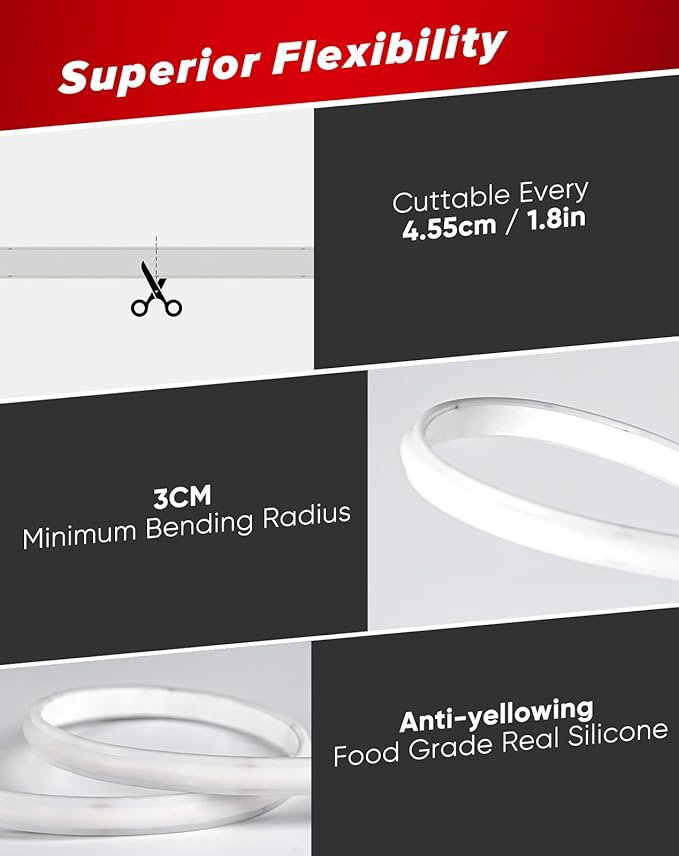 Shine Decor COB LED Rope Light AC 120V, 800lm Ultra Bright, IP65 Waterproof Cold-Resistant ETL Neon Strip, No Driver Tape Lighting for Home Commercial 10x4.5mm, Amber, 50ft