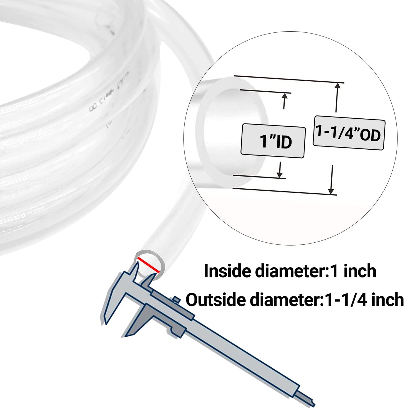 1’’ ID × 1-1/4’’ OD - 10 ft Clear Plastic Vinyl Tubing, Flexible PVC Hose Lightweight Non-Toxic vinyl Tube for Transfer Water Air Oil