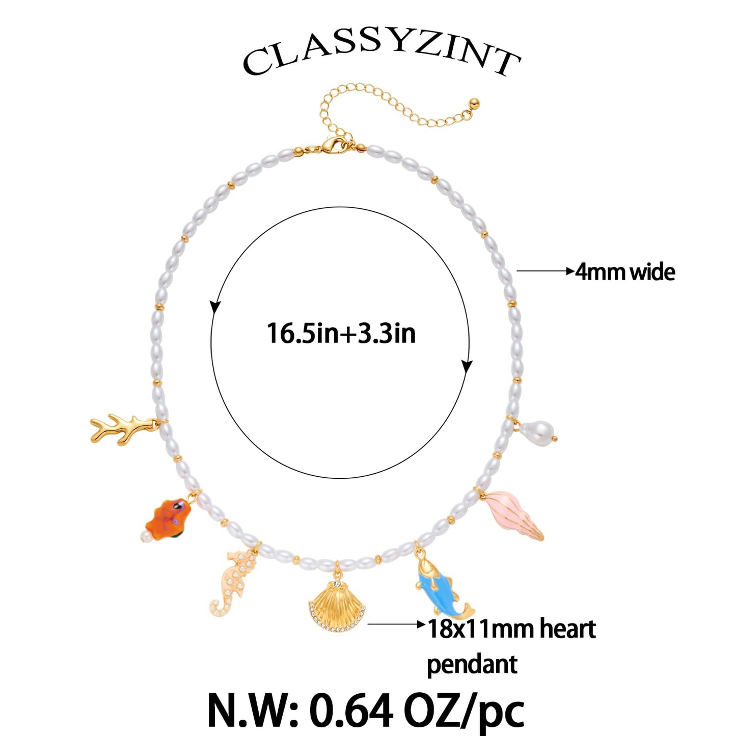 CLASSYZINT Adjustable Simulated Pearl Necklace with 7 Ocean Charms Sea-Themed Jewelry Valentine's Day Jewelry Everyday & Party Necklace