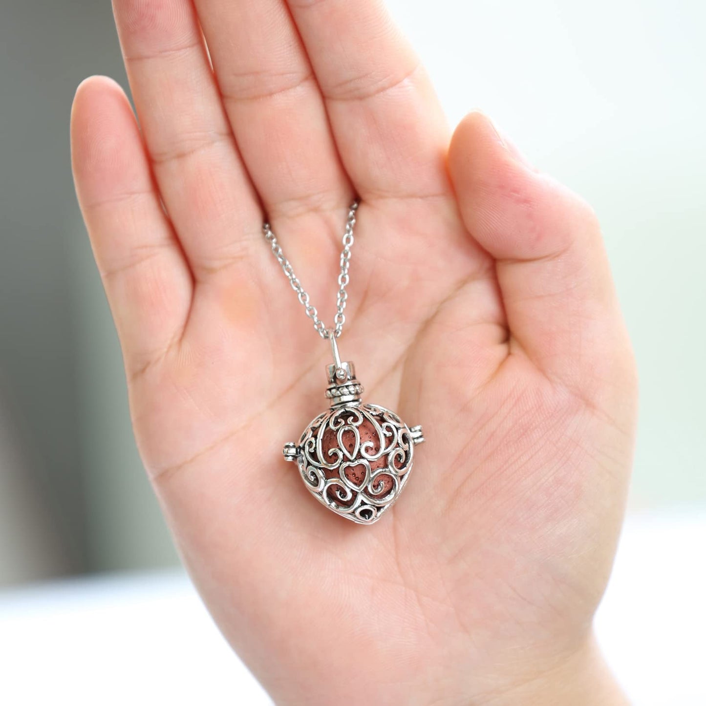 HEDQFM 2PCS Aromatherapy Essential Oil Diffuser Necklace Love Heart and Hollow Ball Locket Pendant Necklace with Lava Bead Stone for Women