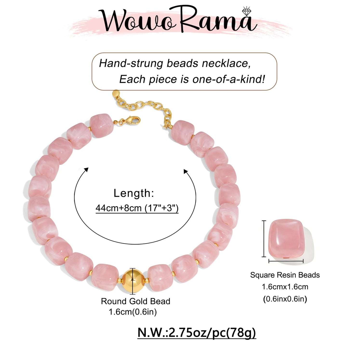 WOWORAMA Pink Chunky Beaded Necklaces for Women Cute Pink Square Acrylic Beads Necklace Trendy Statement Chunky Choker Necklaces Boho Summer Jewelry