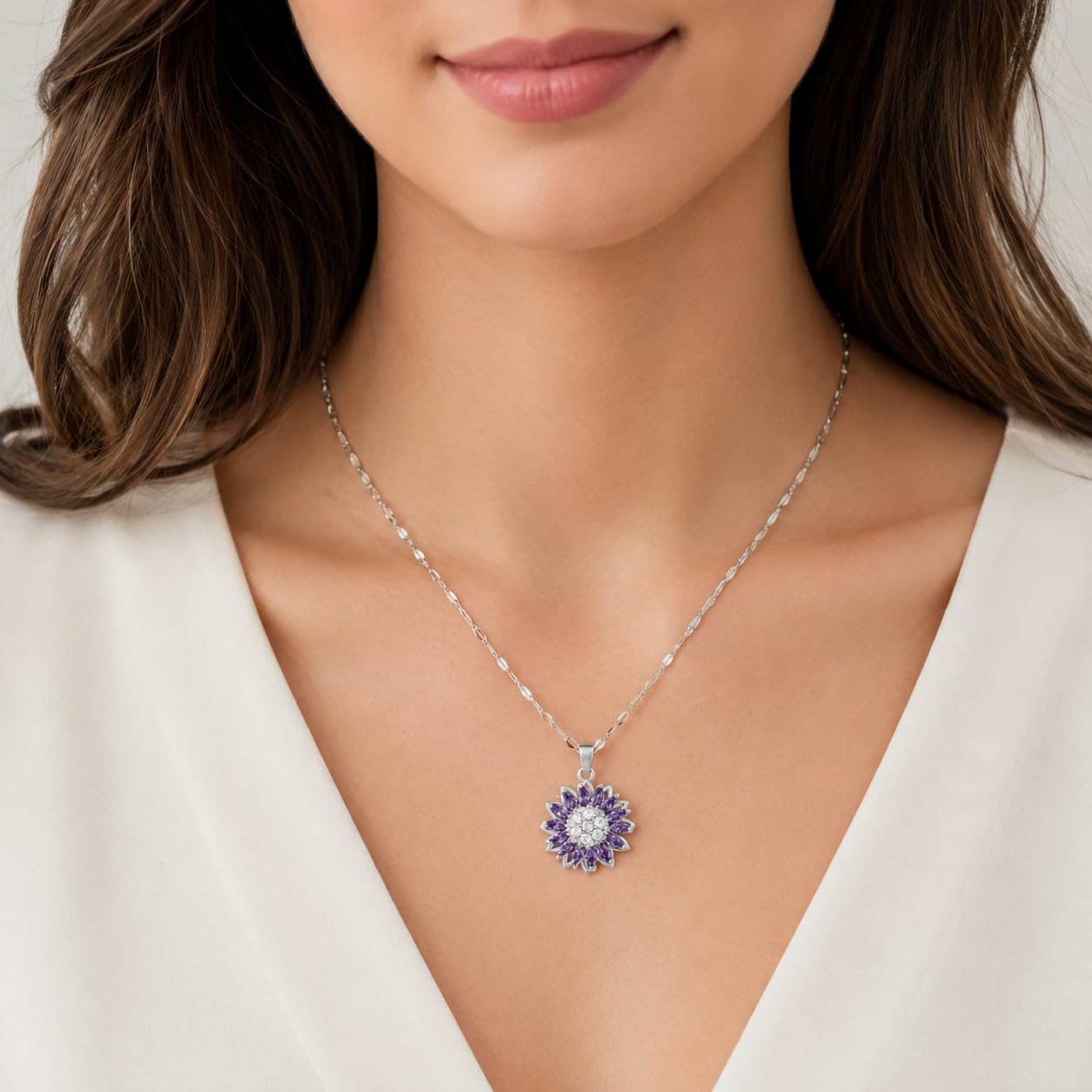KONPJE Sunflower Fidget Necklace for Women Gold Moon Necklace Rotating Heart Necklaces Spinning Crystal Flower Anxiety Necklaces Crescent Moons Jewelry Accessories (Silver Purple)