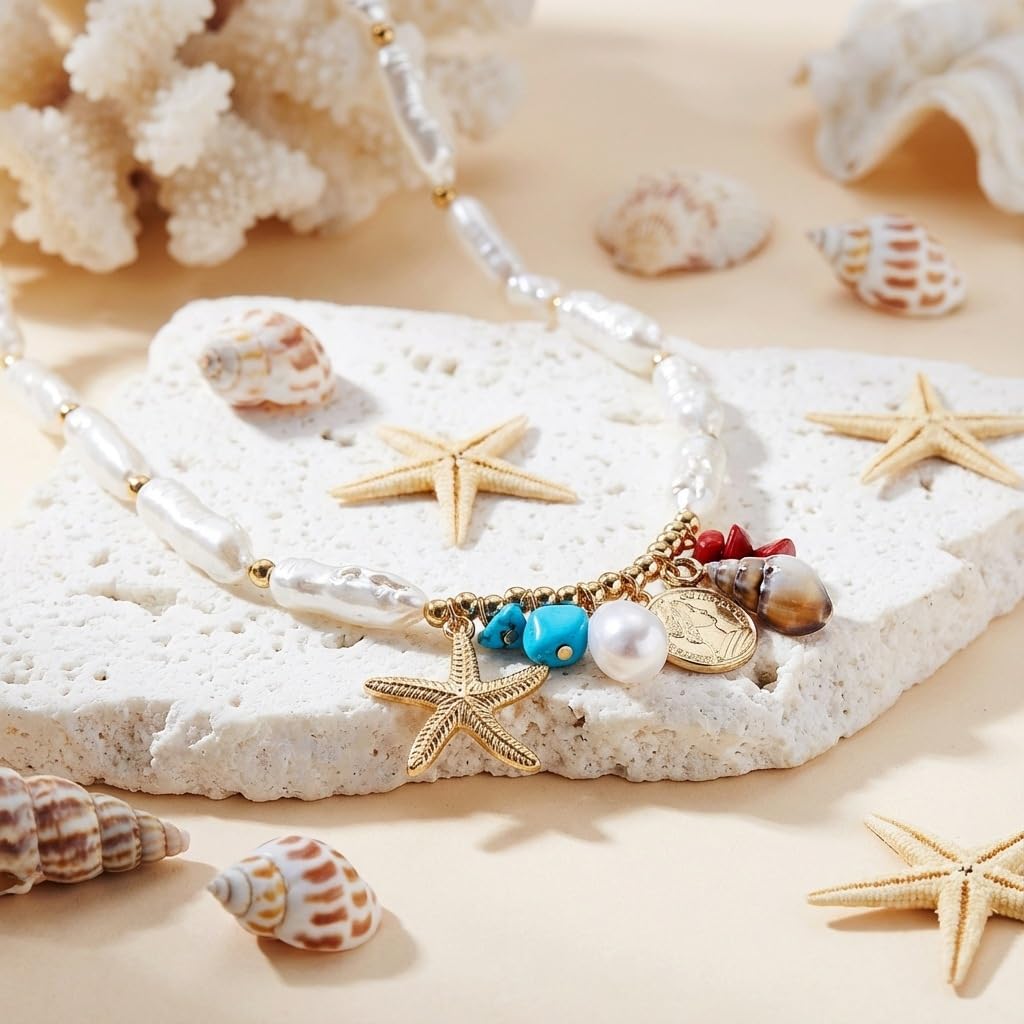 Pearl Gold Starfish Seashell Necklace for Women Boho Mermaid Pearl Beaded Necklace Trendy Gold Starfish Shell Charms Necklaces Summer Beach Vacation Jewelry Accessories (A)