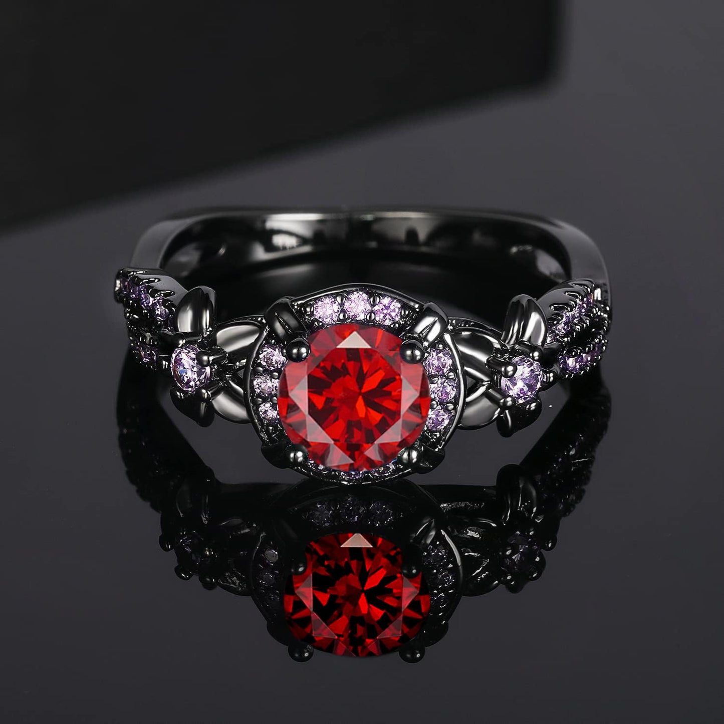Vintage Black Gold Plated Ring with Created Garnet Gemstone, Purple CZ Accents, Wedding Engagement Band, Sizes 5-10 (8)