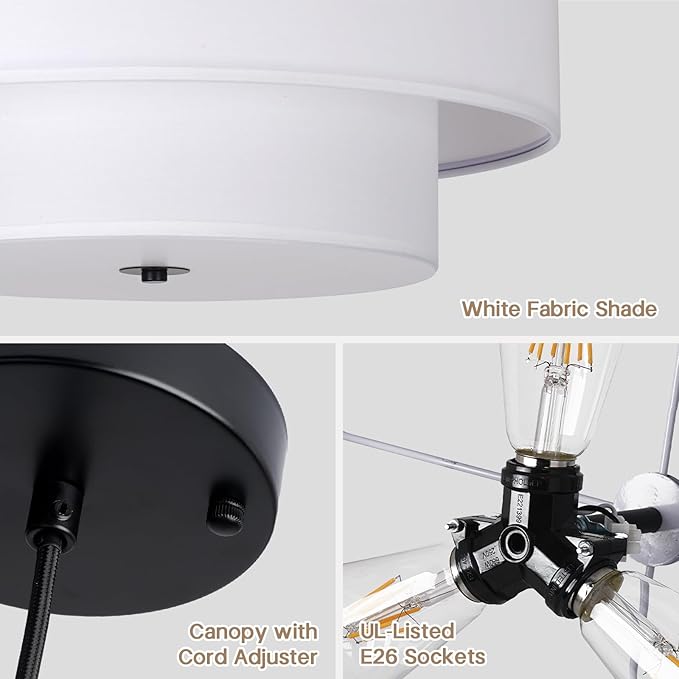 18" Drum Fabric Pendant Light, Large Modern Hanging Ceiling Chandelier Fixture with Dual Layer Fabric Shade, Ideal for Dining Room, Living Room, Bedroom, and Kitchen