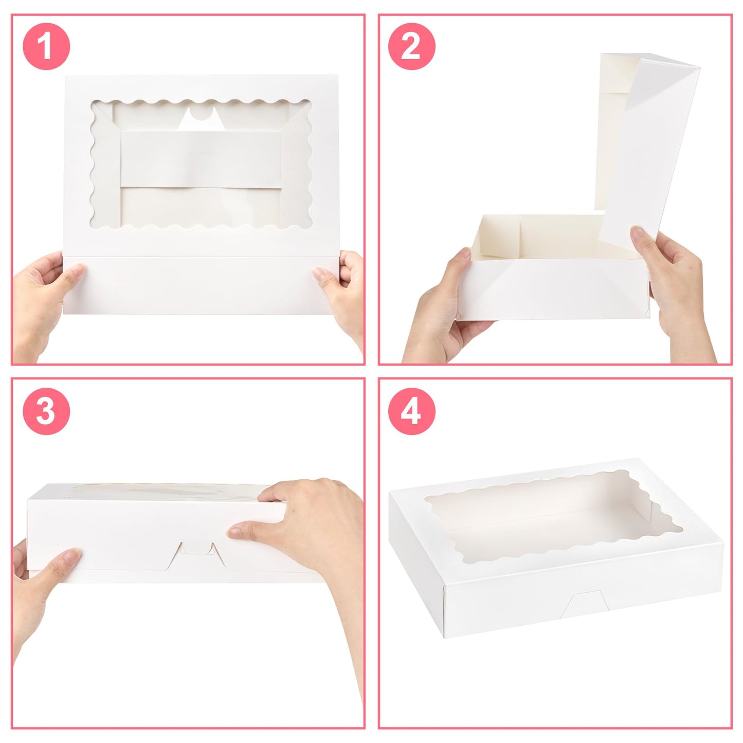 Kucoele 20 PCS Bakery Boxes with Window, 12 x 8 x 2.5 Inches Pastry Boxes Auto-Popup Treat Boxes for Chocolate Covered Strawberries, Cookies, Muffins, Donuts, Breakable Hearts
