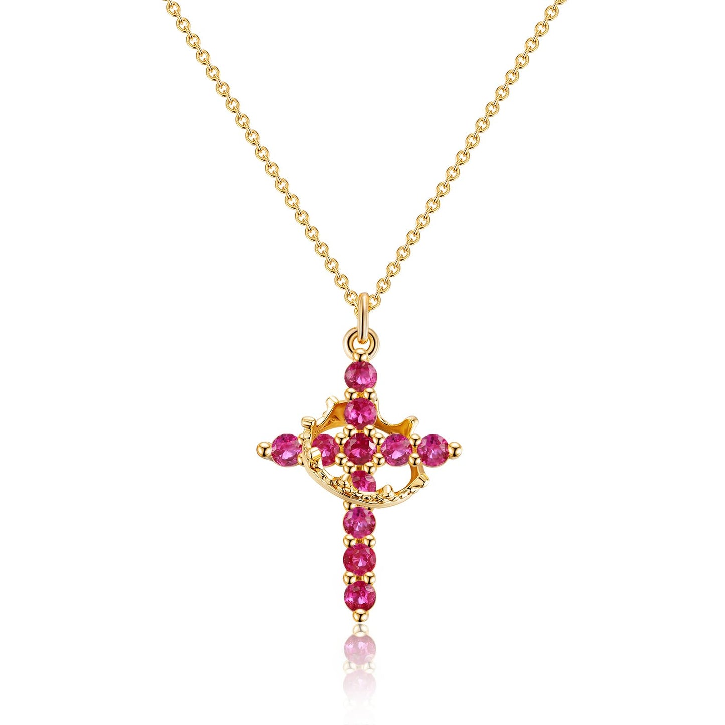 Robaice Birthstone Crown Cross Necklace for Women, Gold-Plated Christian Faith Necklace, Cross Jewelry Gift for Women, January Red Garnet Gift