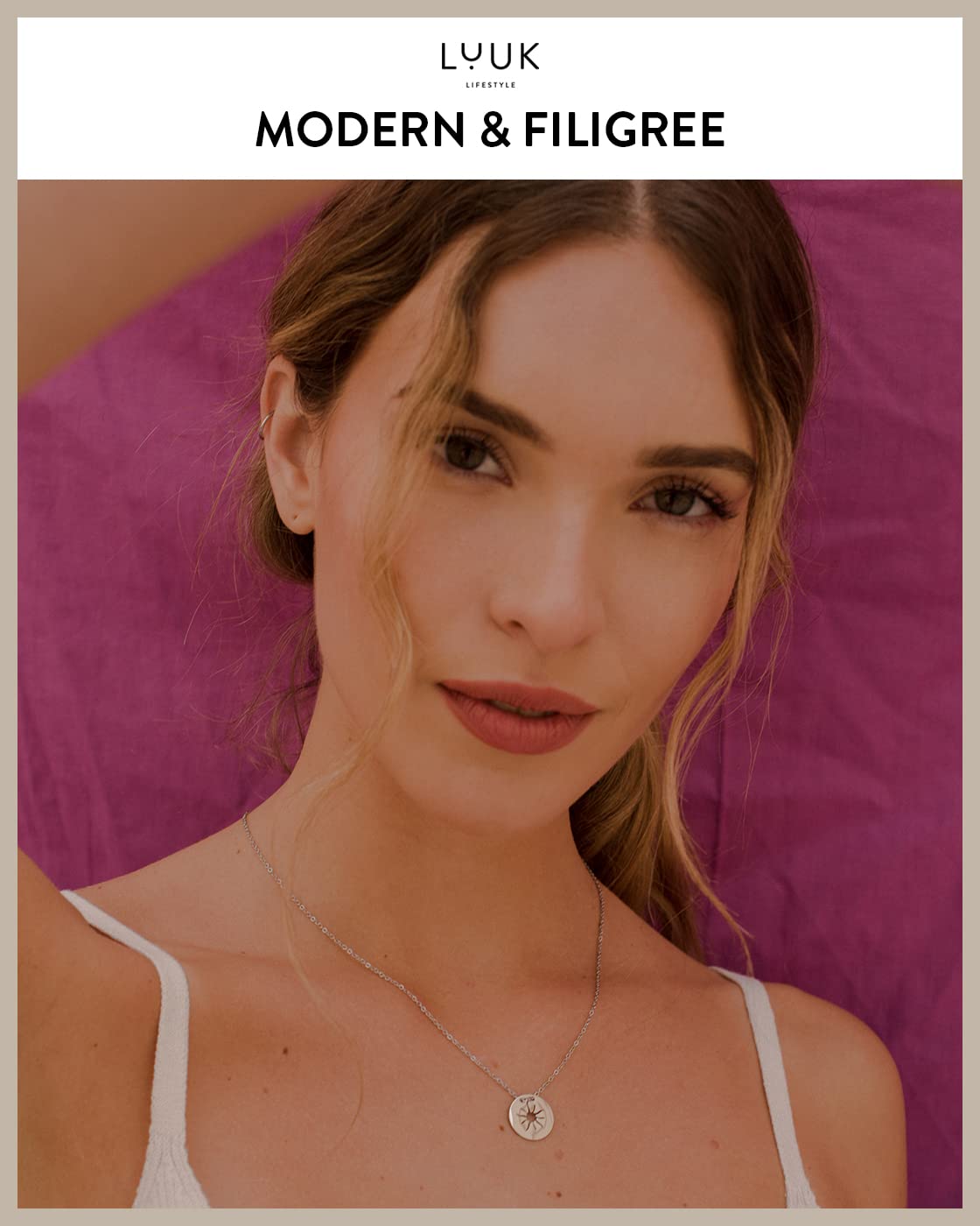 LUUK LIFESTYLE Necklace for women made of quality stainless steel with sun pendant and HAPPINESS gift card, modern and trendy jewelry for summer, Mediterranean sign of vitality, lucky charm, silver
