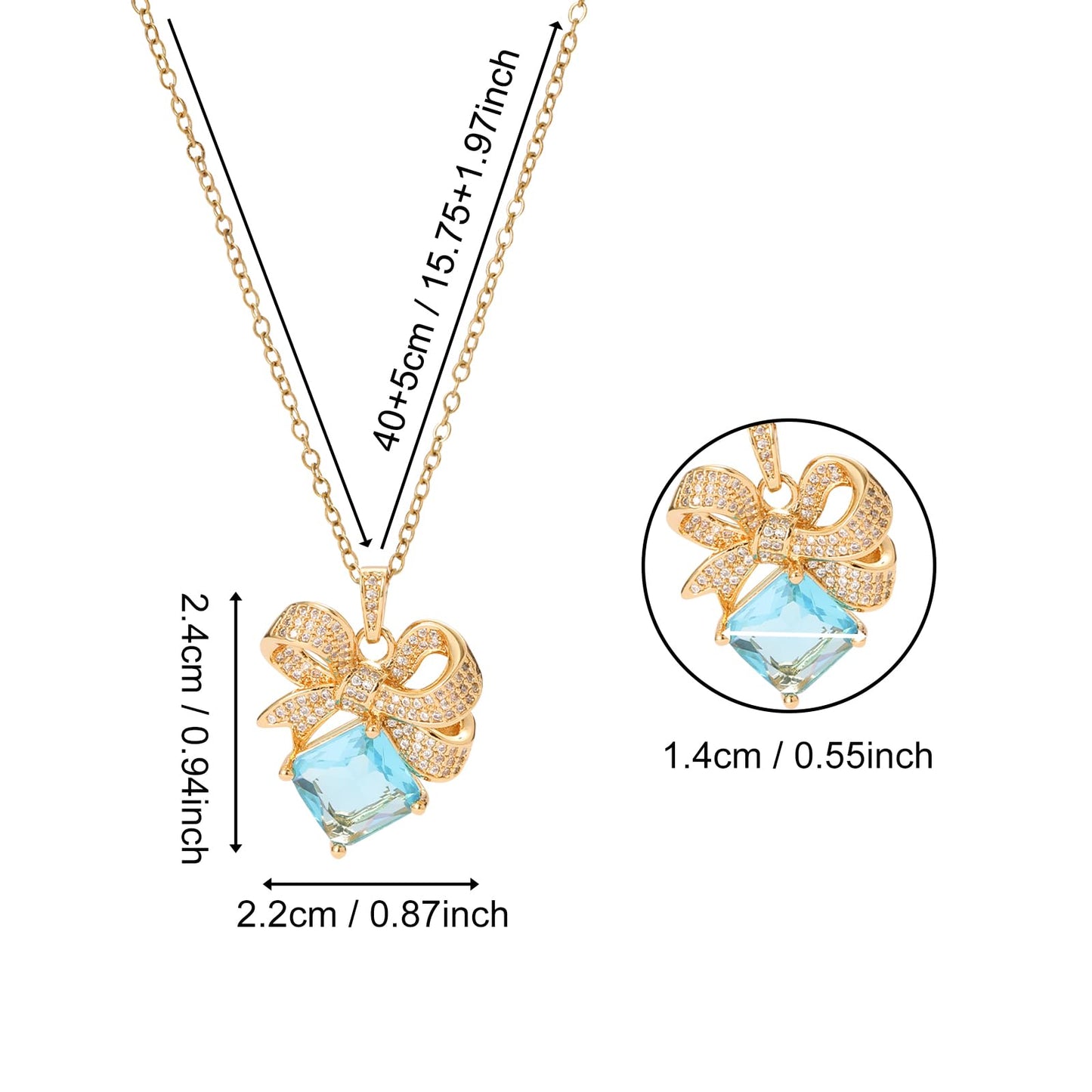 Blue Square March Birthstone Aquamarine Bow Necklace for Women-Gold Plated Healing Crystal Imitation Aquamarine Jewelry Waterproof Non Tarnish Jewelry For Birthday Valentines Day Mother's Day Christmas Thanksgiving Gifts