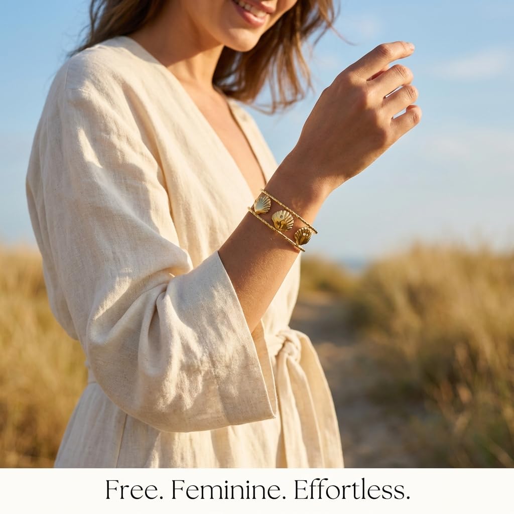 MystiGlimmer Starfish Open Cuff Bracelet for Women 18K Gold Plated Stainless Steel, Adjustable Ocean-Inspired Arm Cuff, Waterproof, Hypoallergenic Beach Jewelry Gift (3 Seashell)